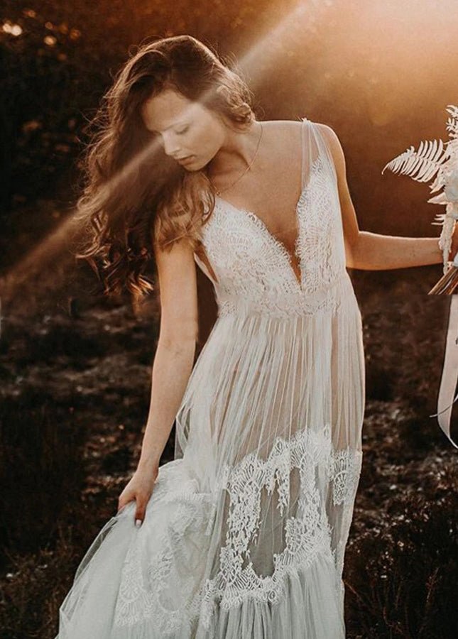 princess polly baby blue dress Bohemian Wedding Dresses V-Neck Backless Romantic Dreamy Bridal Gowns