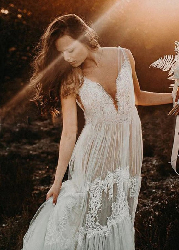 Bohemian Wedding Dresses V-Neck Backless Romantic Dreamy Bridal Gowns