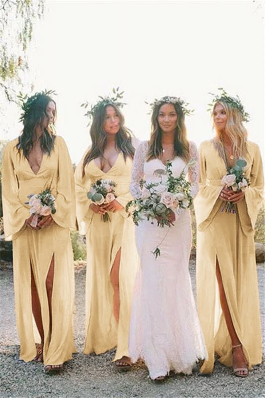 KissProm Boho A-Line Deep V Neck Long Sleeves Light Bridesmaid Dresses, Pink / 16