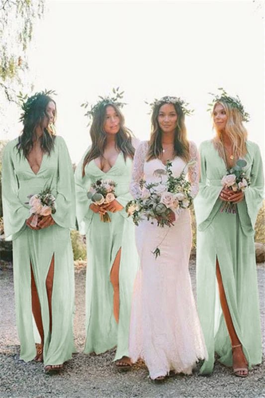 KissProm Boho A-Line Deep V Neck Long Sleeves Light Bridesmaid Dresses, Green / 4
