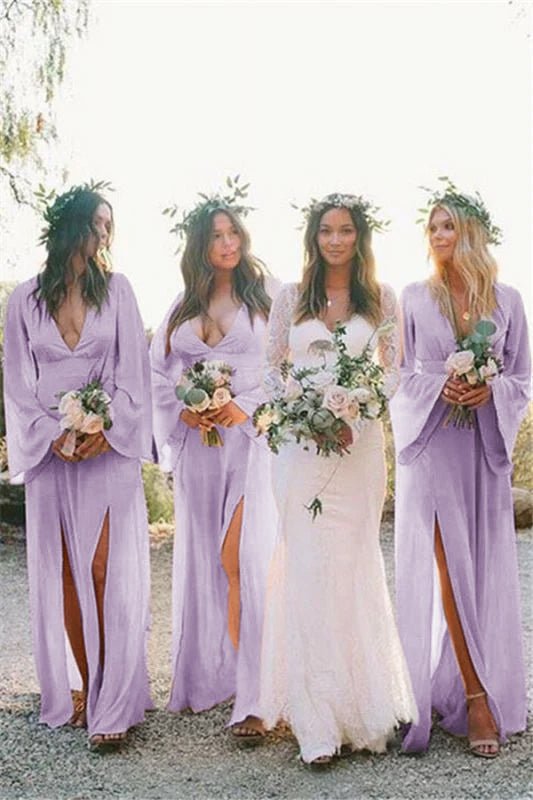 KissProm Boho A-Line Deep V Neck Long Sleeves Light Bridesmaid Dresses, Lavender / 10