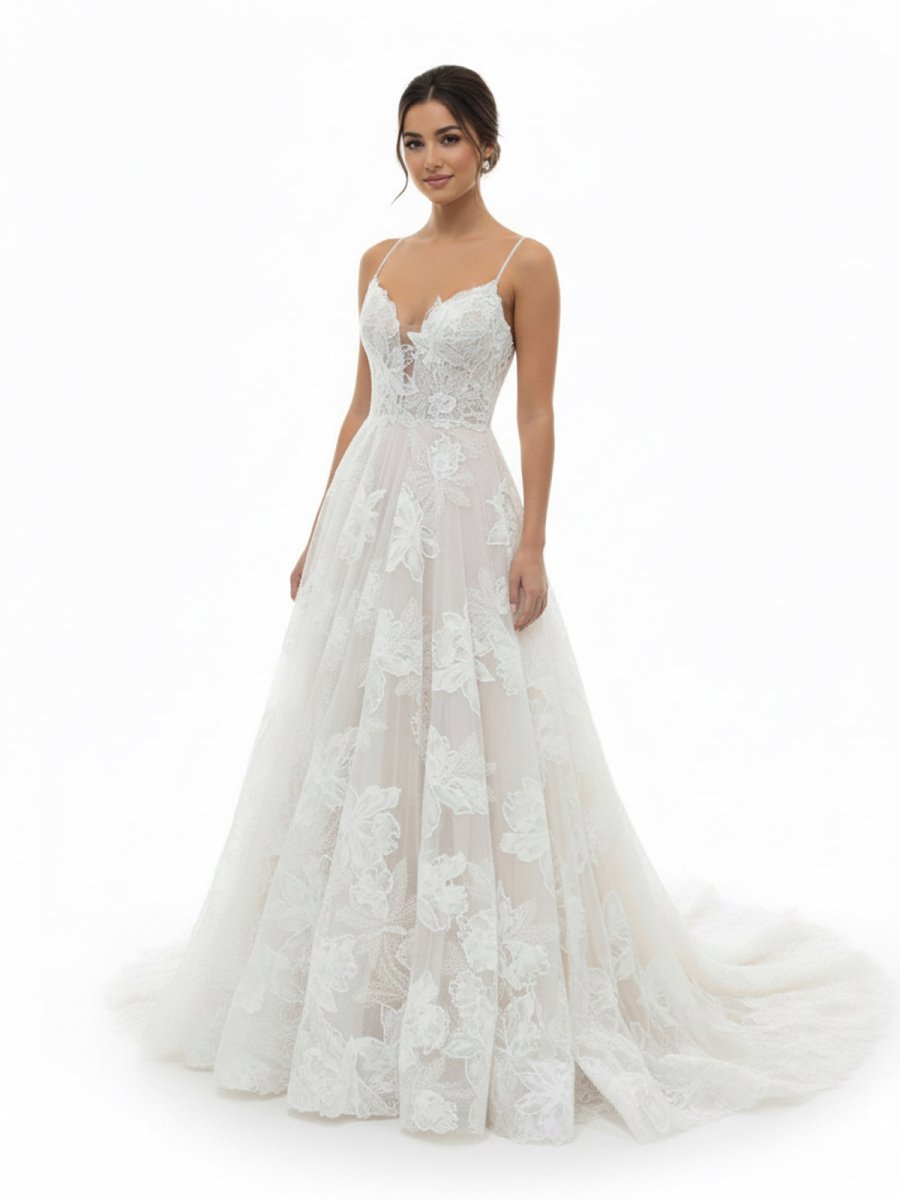 Boho White A - Line Lace Appliques Wedding Dress - KissProm