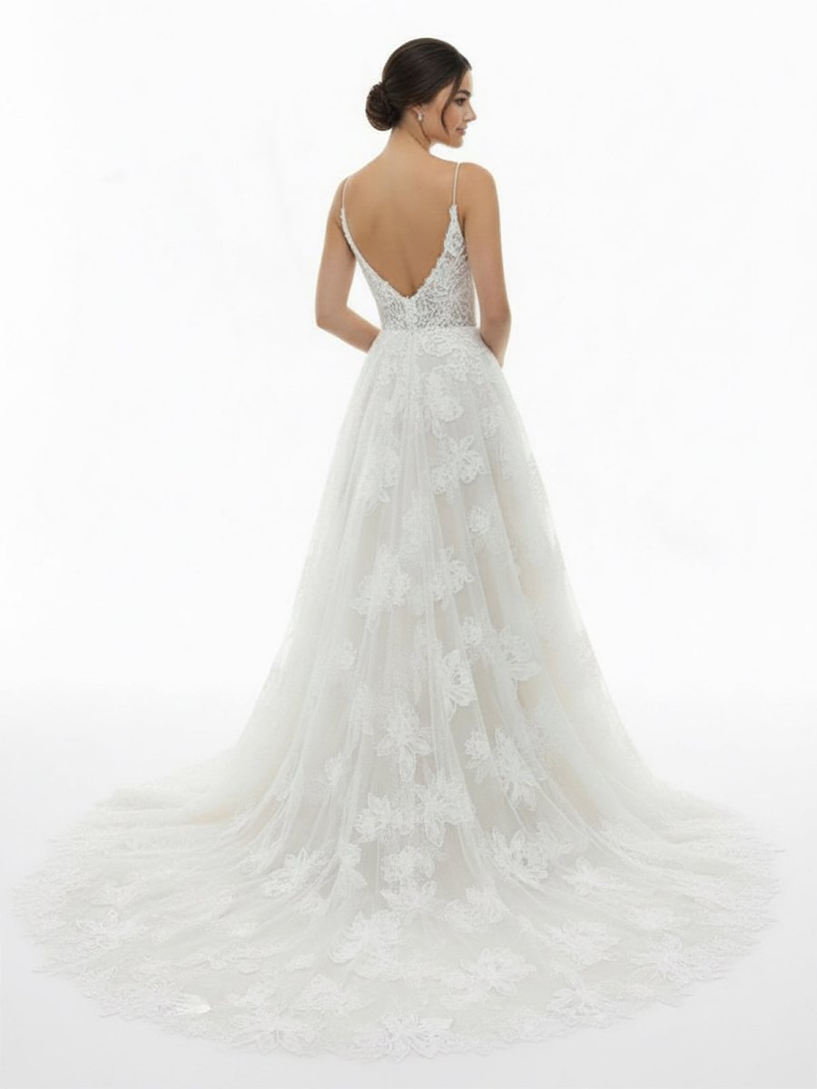 Boho White A - Line Lace Appliques Wedding Dress - KissProm