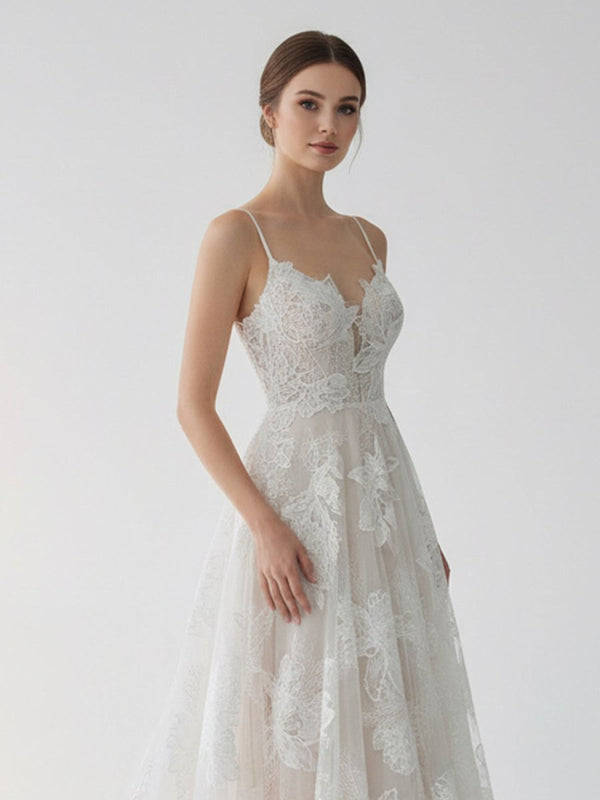 A-Line White Chiffon Appliques See Through Boho Wedding Dress WD344 main image 0