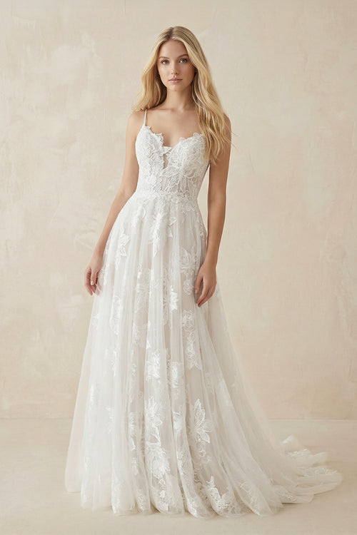 Boho White A - Line Lace Appliques Wedding Dress– Wedding Dresses by KissProm | Available at KissProm