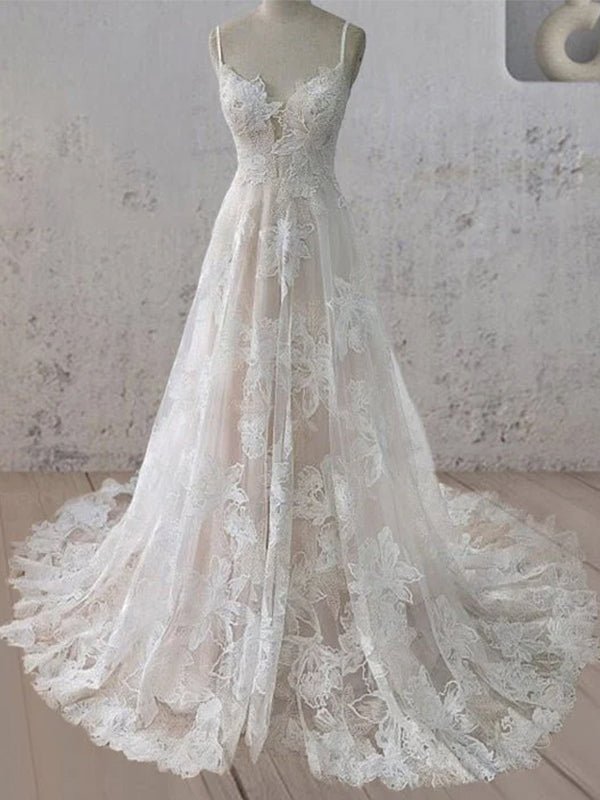Boho White A - Line Lace Appliques Wedding Dress - KissProm