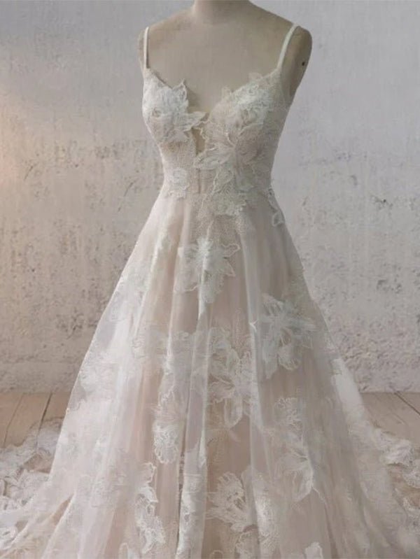 Boho White A - Line Lace Appliques Wedding Dress - KissProm