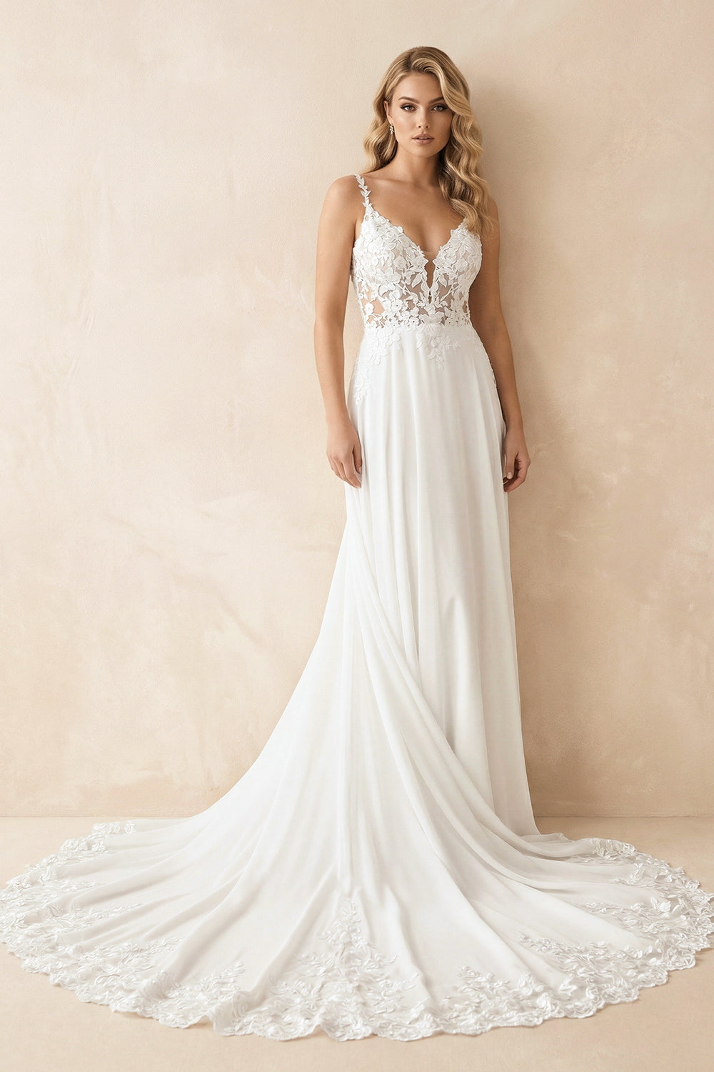 Boho A-Line V Neck Chiffon Wedding Dresses with Appliques Boho A-Line V Neck Chiffon Wedding Dresses with Appliques