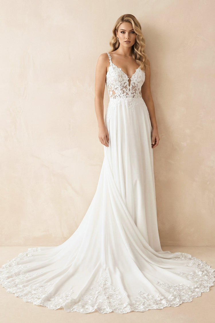 KissProm Boho A-Line V Neck Chiffon Wedding Dresses with Appliques, White-Nude / 18