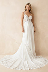Boho A-Line V Neck Chiffon Wedding Dresses with Appliques – Wedding Dresses by KissProm | Available at KissProm