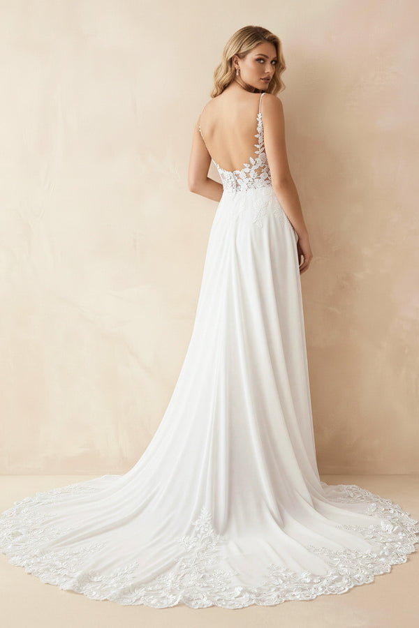 KissProm Boho A-Line V Neck Chiffon Wedding Dresses with Appliques, White-Nude / 18