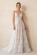 Boho A-Line V Neck Lace V Neck Wedding Dresses - KissProm