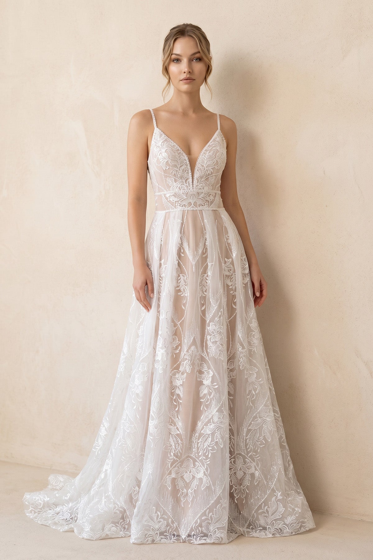 KissProm Boho A-Line V Neck Lace V Neck Wedding Dresses, White-Nude / 18