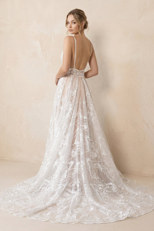Boho A-Line V Neck Lace V Neck Wedding Dresses - KissProm