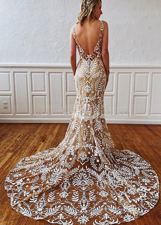Boho Lace Open Back Sleeveless Appliqued Beach Sexy Wedding Dress