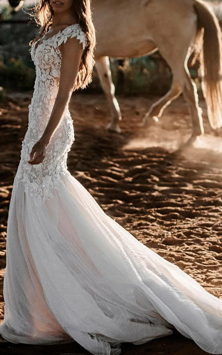 Boho Mermaid Wedding Dress Floral V-Neck Casual Gown with Open Back and Lace Appliques Champagne / 12 Boho Mermaid Wedding Dress Floral V-Neck Casual Gown with Open Back and Lace Appliques Champagne / 12