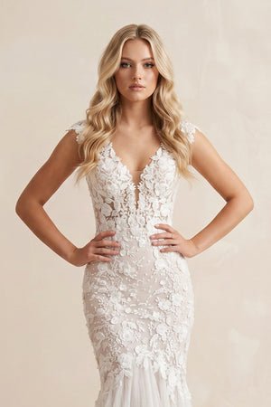 Boho Mermaid Wedding Dress Floral V-neck Casual Gown with Open Back and Lace Appliques-KissProm