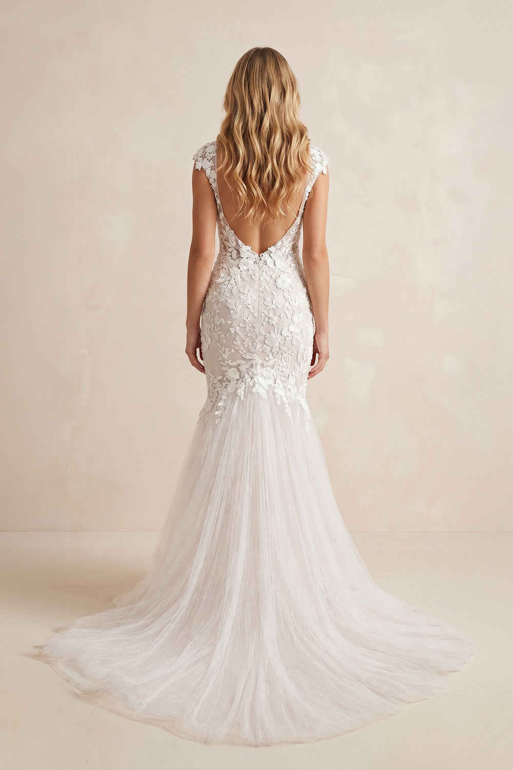 Boho Mermaid Wedding Dress Floral V-neck Casual Gown with Open Back and Lace Appliques-KissProm