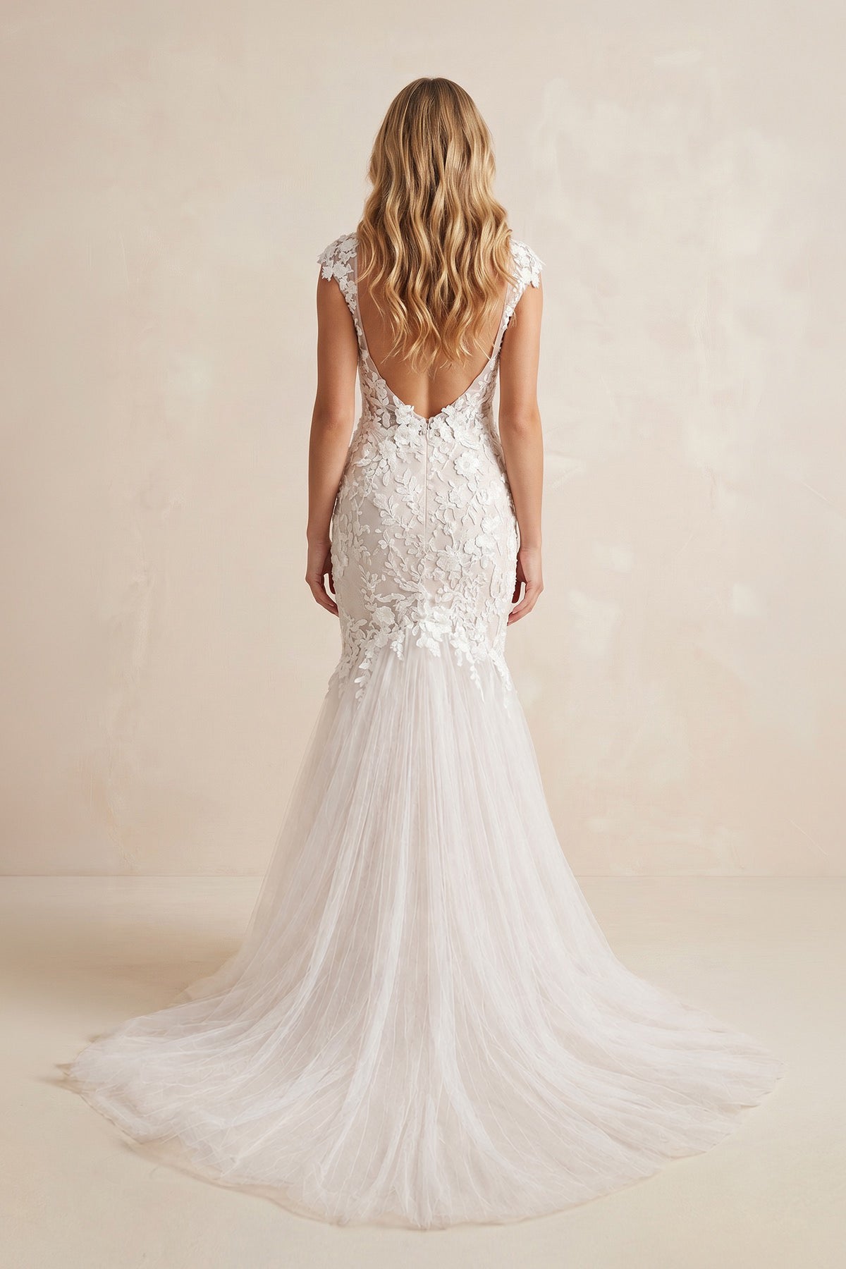 Boho Mermaid Wedding Dress Floral V-neck Casual Gown with Open Back an