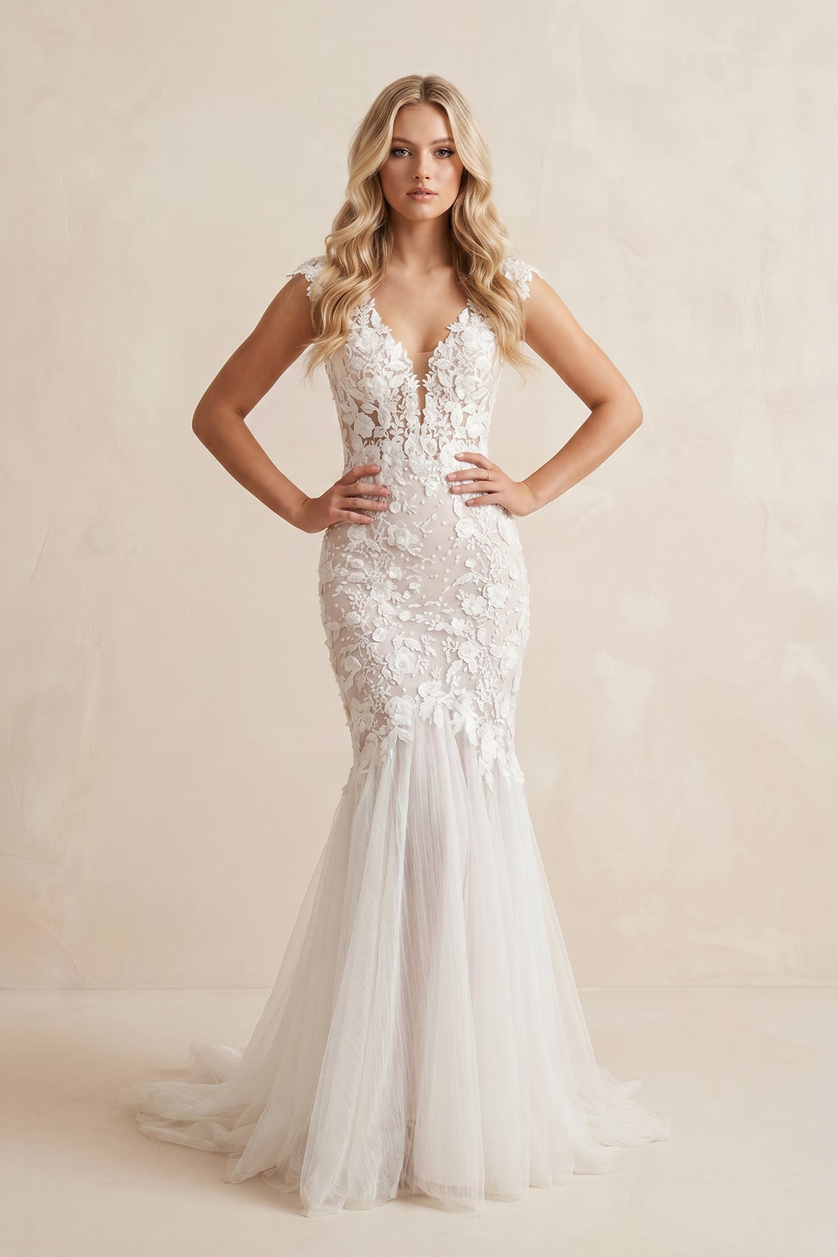 KissProm Boho Mermaid Wedding Dress Floral V-neck Casual Gown with Open Back and Lace Appliques, Diamond White / 16