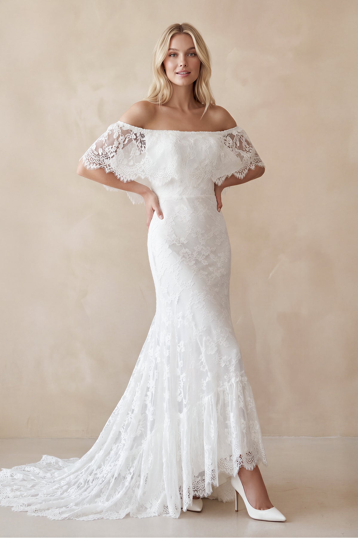 lace bohemian off shoulder long dress KissProm Boho Off-Shoulder Mermaid Scalloped Wedding With Train, Diamond White / 18 Witchy Black Velvet Maxi autopostr_pinterest_74764 42 (107 cm Size:29/32