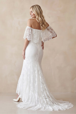 Boho Off-Shoulder Sheath Scalloped Lace Wedding Dress With Long Train-KissProm