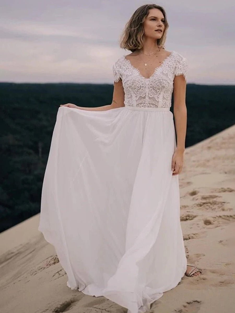 Boho See Through Lace V-Neck A-Line Chiffon Wedding Dress, Diamond White / 14