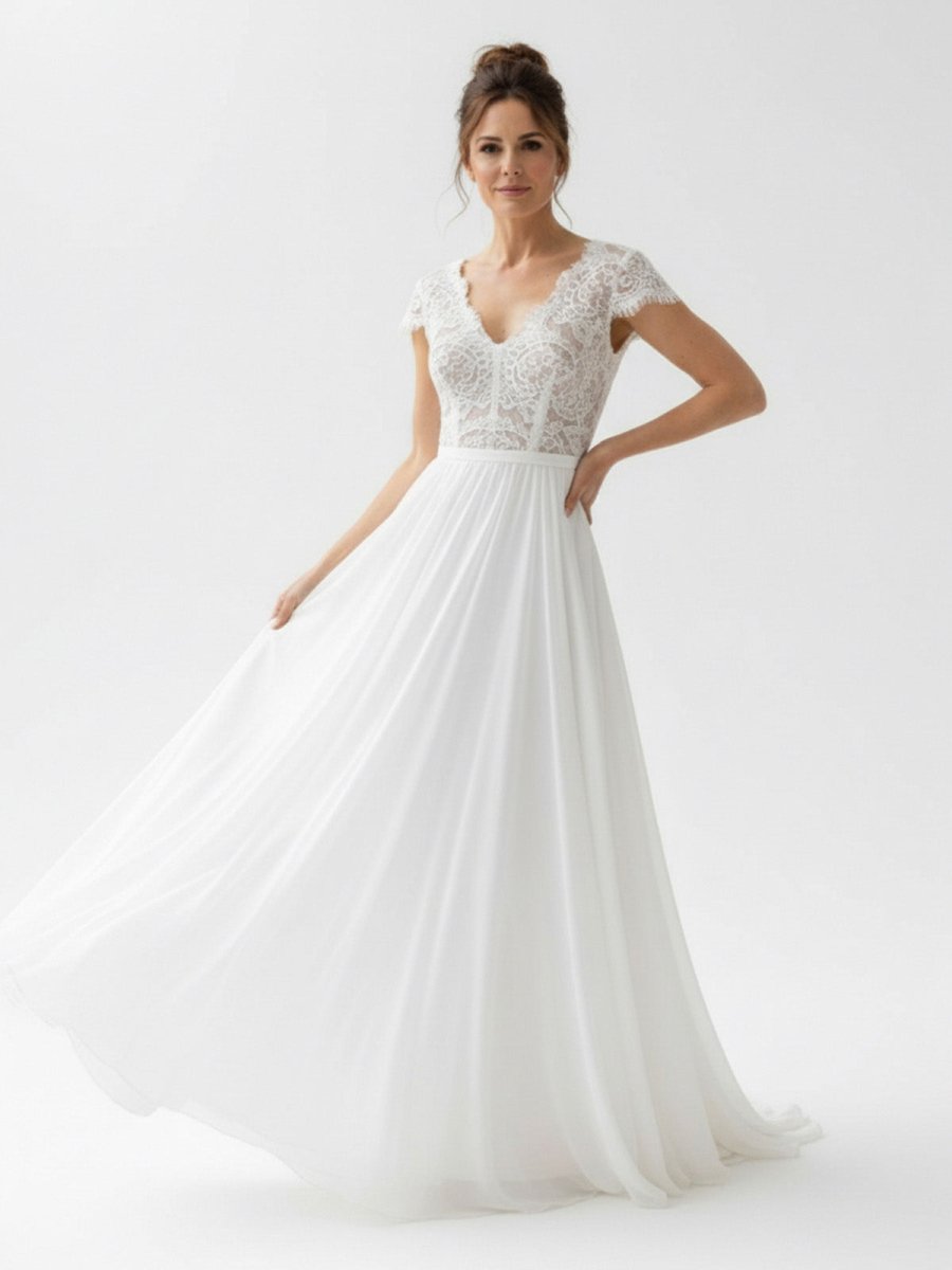 Boho See Through Lace V - Neck A - Line Chiffon Wedding Dress - KissProm