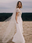 Boho See Through Lace V - Neck A - Line Chiffon Wedding Dress - KissProm
