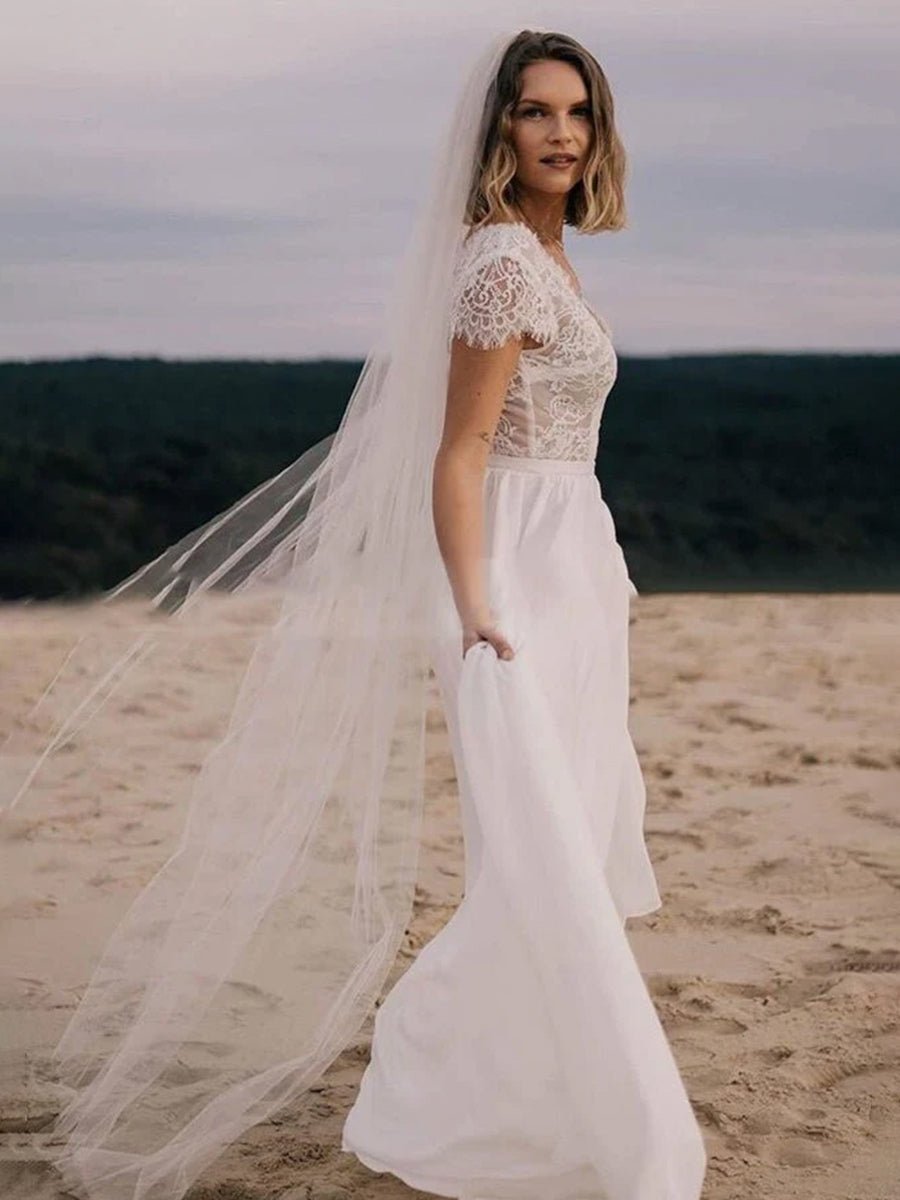 Boho See Through Lace V - Neck A - Line Chiffon Wedding Dress - KissProm