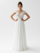 Boho See Through Lace V - Neck A - Line Chiffon Wedding Dress - KissProm