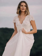 Boho See Through Lace V - Neck A - Line Chiffon Wedding Dress - KissProm