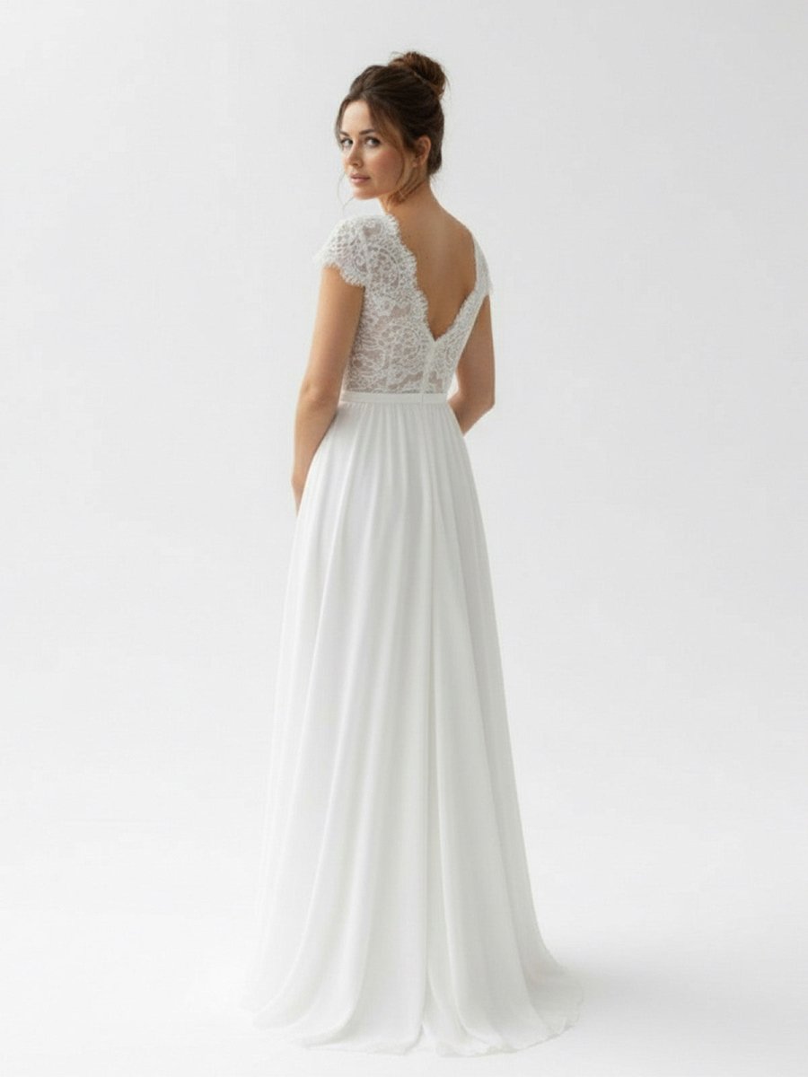 Boho See Through Lace V - Neck A - Line Chiffon Wedding Dress - KissProm