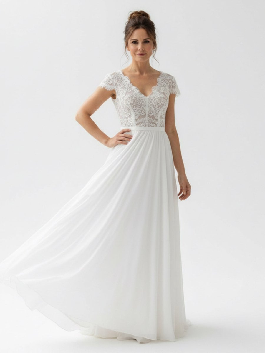 Boho See Through Lace V - Neck A - Line Chiffon Wedding Dress - KissProm