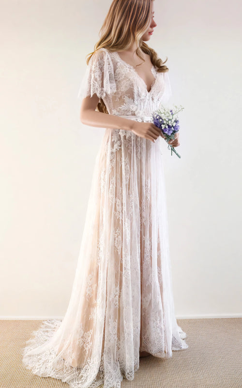 Boho V-neck Beach A-line Country Elegant Lace Petals Illusion Bell Wedding Dress with Train