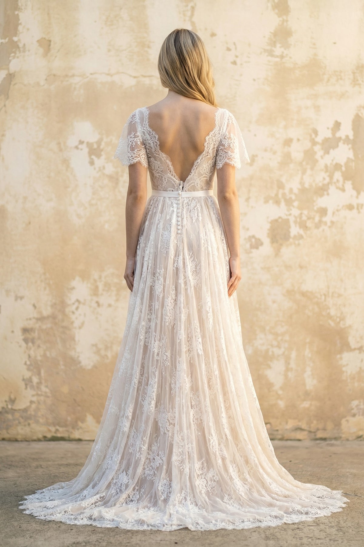 Boho V-neck Beach A-line Country Elegant Lace Petals Illusion Bell Wed