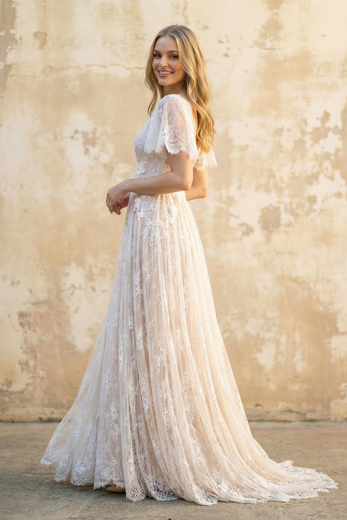KissProm Boho V-neck Beach A-line Country Elegant Lace Petals Illusion Bell Wedding Dress with Train, White-Nude / 4