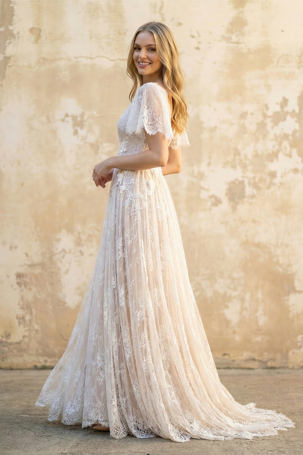 Boho V-neck Beach A-line Country Elegant Lace Petals Illusion Bell Wedding Dress with Train
