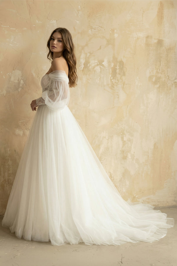 formal boho dresses Boho A-Line Wedding Dresses Detachable Long Puff Sleeve, Diamond White / 20