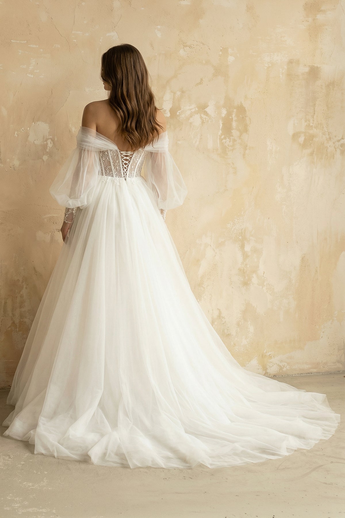 Boho A-Line Wedding Dresses Detachable Long Puff Sleeve, Diamond White / 20