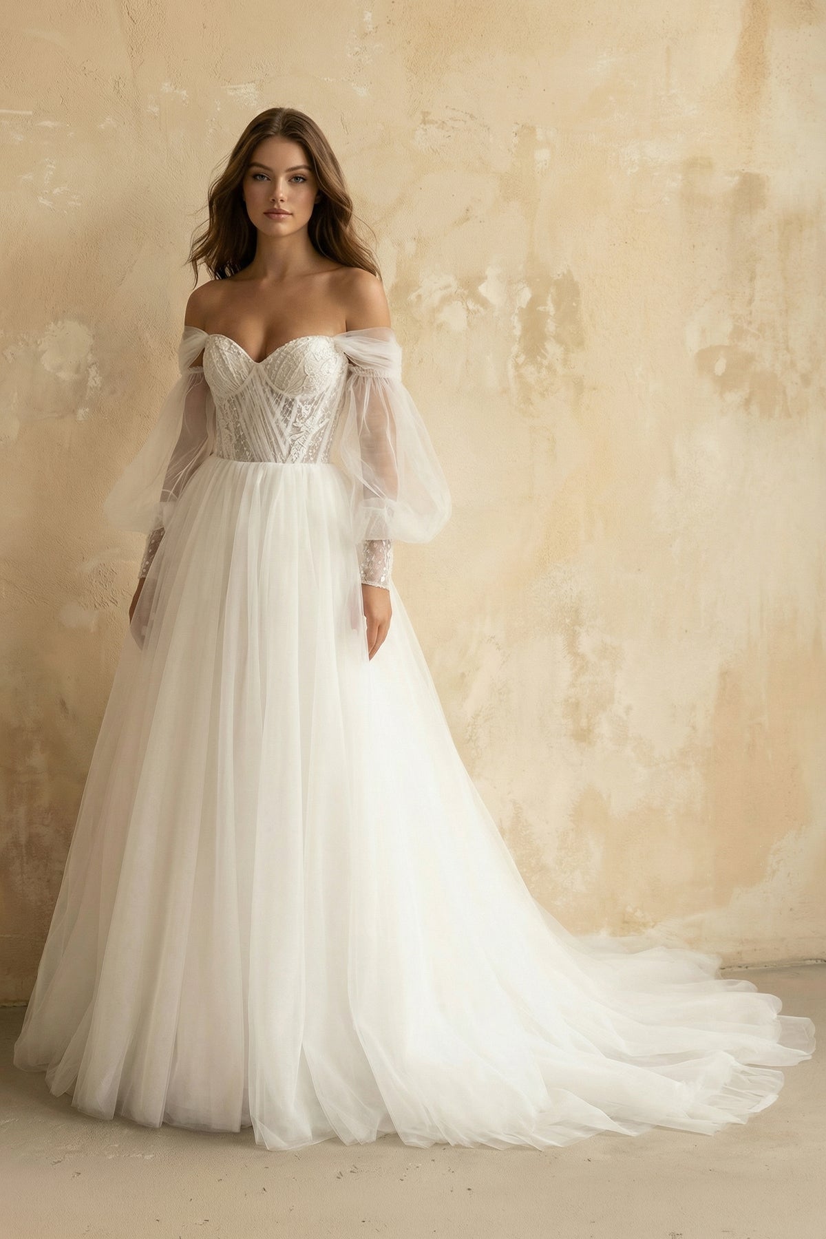 KissProm Boho A-Line Wedding Dresses Detachable Long Puff Sleeve, Diamond White / 20