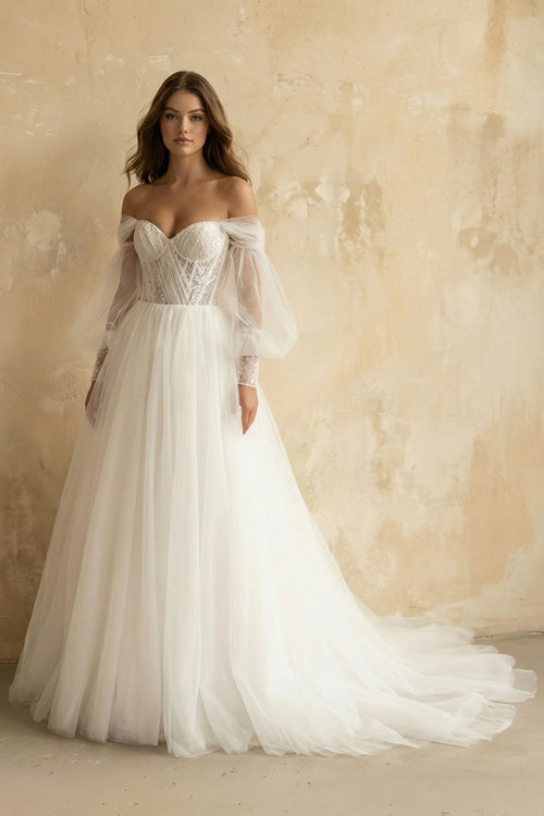 lace long sleeve boho wedding dress Boho A-Line Wedding Dresses Detachable Long Puff Sleeve, Diamond White / 20