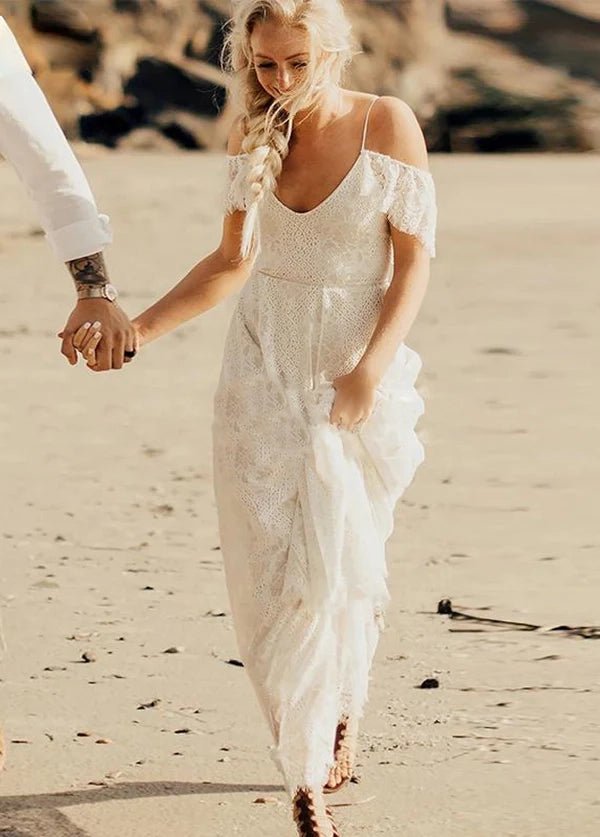 Boho Spaghetti Straps Sleeveless A Line Lace Wedding Dresses - KissProm