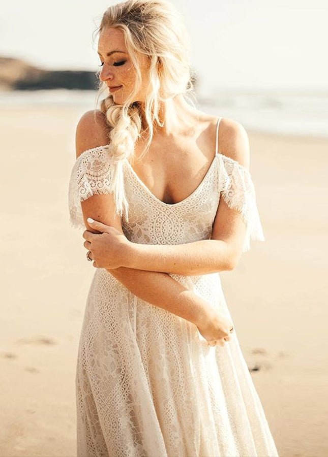 Boho Spaghetti Straps Sleeveless A Line Lace Wedding Dresses - KissProm
