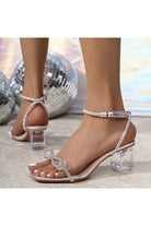 Bow-Detail Crystal-Embellished Transparent Strappy Block Heels