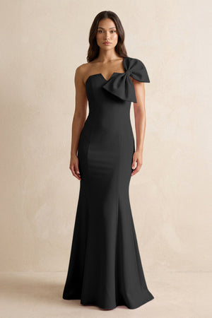 Bow Mermaid One Shoulder Bridesmaid Dress in Black - KissProm Bridesmaid Dresses