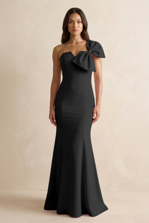 Bow Mermaid One Shoulder Bridesmaid Dress in Black - KissProm Bridesmaid Dresses