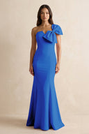 Bow Mermaid One Shoulder Bridesmaid Dress in Blue Jay - KissProm Bridesmaid Dresses