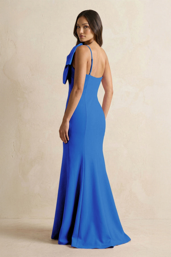 Bow Mermaid One Shoulder Bridesmaid Dress in Blue Jay - KissProm Bridesmaid Dresses