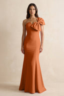 Bow Mermaid One Shoulder Bridesmaid Dress in Brown - KissProm Bridesmaid Dresses
